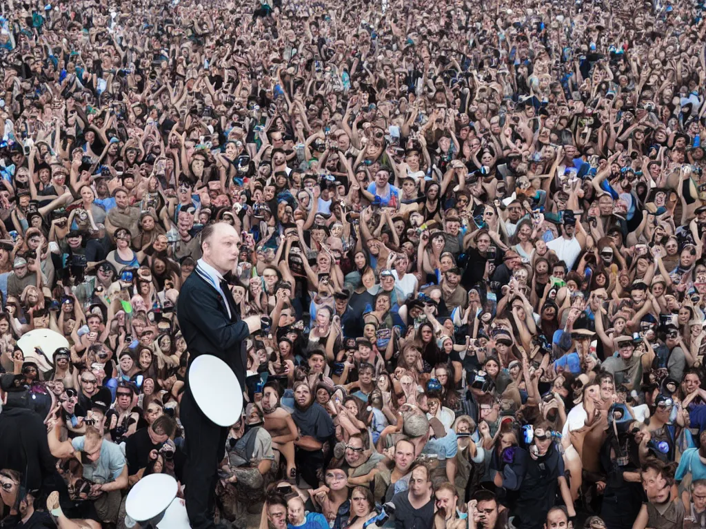 Image similar to mr peculiar is surrounded by incredible technology playing highly evolved music overlooking a crowd at a trance festival