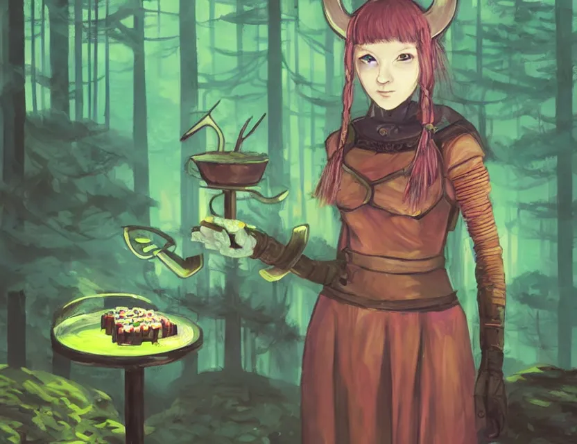 Image similar to viking scifi pastry chef in a forest cafe, wearing a lovely dress with cyberpunk elements. this oil painting by the award - winning mangaka has an interesting color scheme and impeccable lighting.