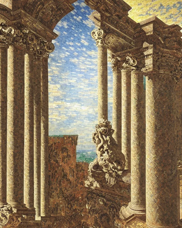 Image similar to achingly beautiful painting of intricate ancient roman corinthian capital on glowing mosaic background by rene magritte, monet, and turner. giovanni battista piranesi.