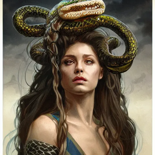 Prompt: ''face portrait of medusa with snake for hair, furry, greek mythology, greece, fantasy, dungeons and dragons, d & d, digital painting, artstation, concept art, sharp focus, illustration, art by greg rutkowski and alphonse mucha''