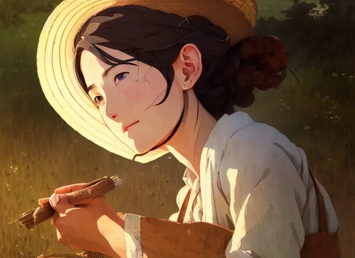 Prompt: a film still portrait of a farmer woman, finely detailed features, closeup at the faces, perfect art, at an ancient village farm, gapmoe yandere grimdark, trending on pixiv fanbox, painted by greg rutkowski makoto shinkai takashi takeuchi studio ghibli, akihiko yoshida