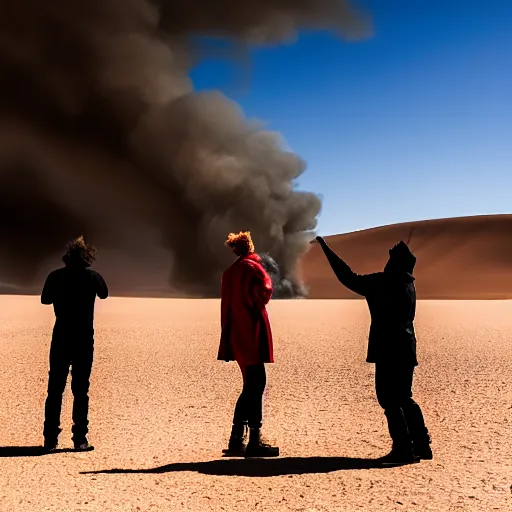 Prompt: atmospheric photograph of three ravers, two men, one woman in a trenchcoat blessing the earth, seen from behind, talking around a fire, dancefloor kismet, diverse costumes, clean composition, desert transition area, bonfire, night, australian desert, xf iq 4, symmetry, sony a 7 r, 1 5 0 mp, 5 0 mm