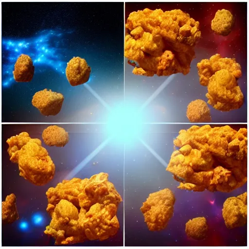 Image similar to Asteroids in space made of chicken nuggets. Space. Nebula. planets. starfield. photorealistic, 8k, cinematic, lens flare