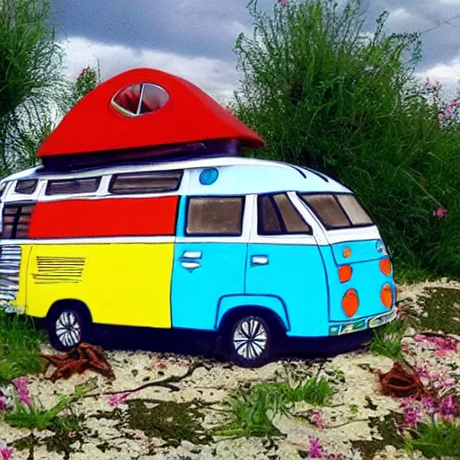 Prompt: camper van with kayak on the roof, studio ghibly style, vibrant colors, intricate details,