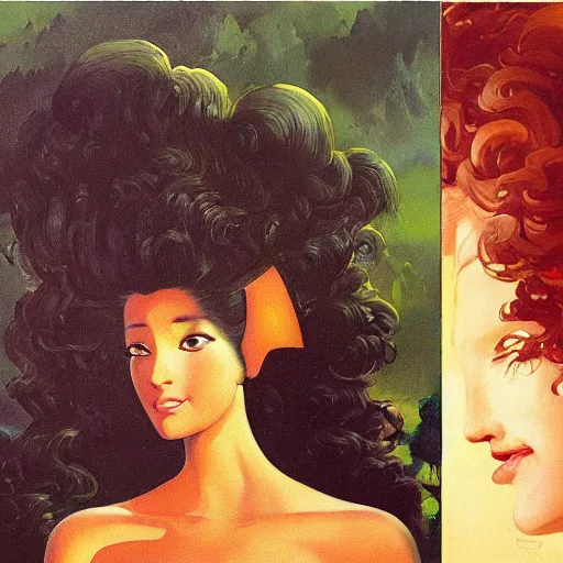 Image similar to a oil painting of a fair skin with dark curly stylised hair queen wearing dress, by hans emmenegger, by bruce pennington, by eyvind earle, by nicholas roerich, by frank frazetta, by georgia o keeffe, by dean cornwell, highly detailed, realistic, concept art, jewels, tiles curtains, oriental, desaturated