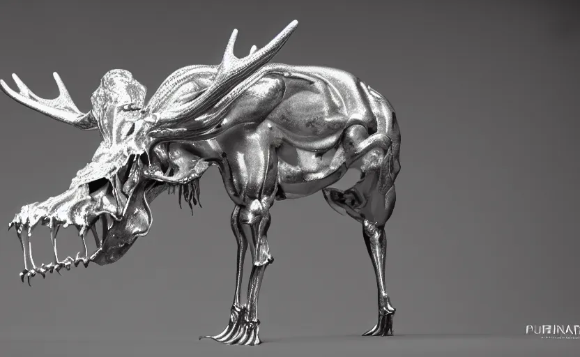 Image similar to stylized shiny polished silver statue full body extra limbs bizarre cosmic horror quadruped animal moose deer skull four legs made of marble of slug creature tendrils, perfect symmetrical body, perfect symmetrical face, hyper realistic, hyper detailed, by johannen voss, by michelangelo, octane render, blender, 8 k, displayed in pure white studio room austere