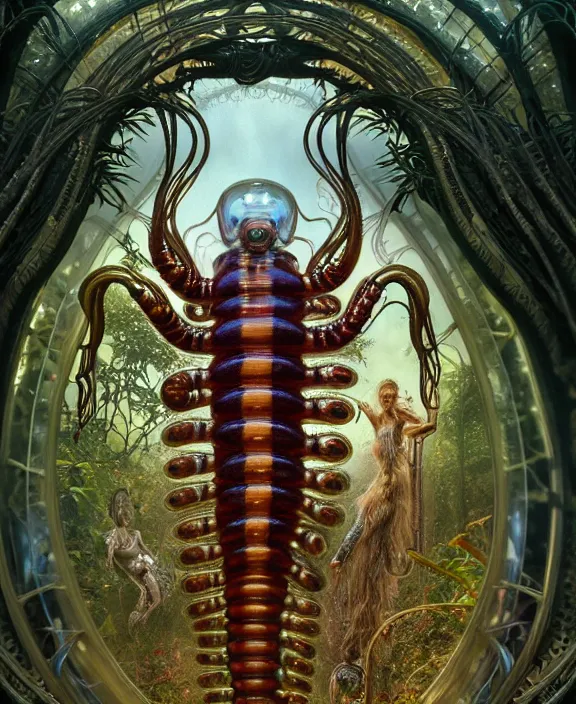 Image similar to intricate ornate opulent transparent clear see - through portrait of a terrifying beautiful male alien centipede, mottled coloring, adorable, childlike, overgrown jungle environment, ultra realistic, concept art, art nouveau, photorealistic, octane render, 8 k, unreal engine. art by christopher marley and artgerm and greg rutkowski and alphonse mucha