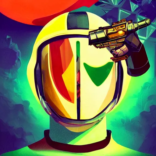 Prompt: a stylized portrait of a young masked boy as an astronaut superhero with a revolver, overwatch style, stylized, arcane magic, orange and green power, vaporwave, vivid color, lens flare, volumetric light from above, background by liam wong, art by raymond swanland + marc simonetti + greg rutkowski + harumi hironaka