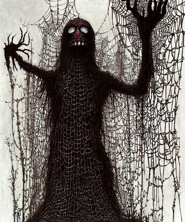 Image similar to a woman standing all covered in spiders. arachnophobia, fear of spiders, incredible number of spiders and bugs. extremely high details, spider paws and eyes, realistic, horror, creepy, web, masterpiece, art by zdzislaw beksinski, arthur rackham, dariusz zawadzki, hermann nitsch