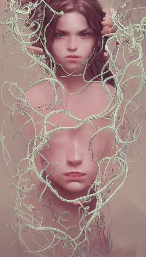 Image similar to very detailed portrait of a 2 0 years old girl surrounded by tentacles, the youg woman visage is blooming from fractal and vines, by cgsociety
