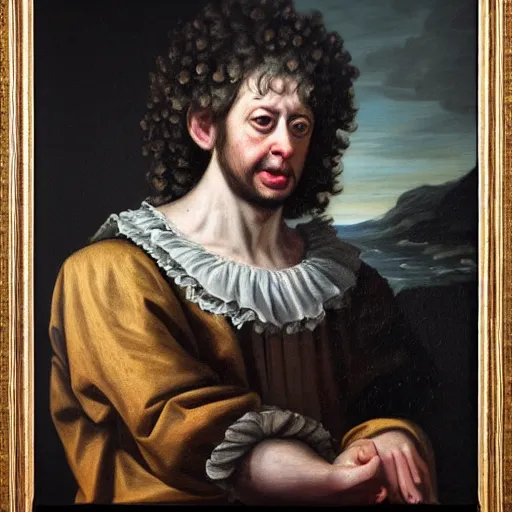 Image similar to A 17th century Baroque Painting of Gene Ween, grainy, realistic, hyperrealistic, very realistic, very very realistic, highly detailed, very detailed, extremely detailed, detailed, digital art, trending on artstation, detailed face, very detailed face, very detailed face, realism, HD Quality, 8k resolution, intricate details, body and head in frame, painting, oil painting, trending on deviantart, Baroque Painting