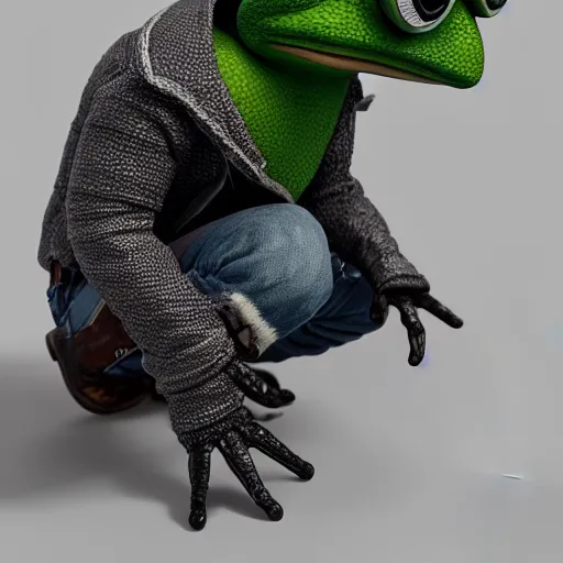 Image similar to perfectly accurate miniature figure of pepe the frog wearing jeans and a black leather jacket, soft textures, skin texture, clothing, 3d sculpture, textured, fine detail, lifelike, photo, high resolution, octane render, post processing, after effects, trending on artstation