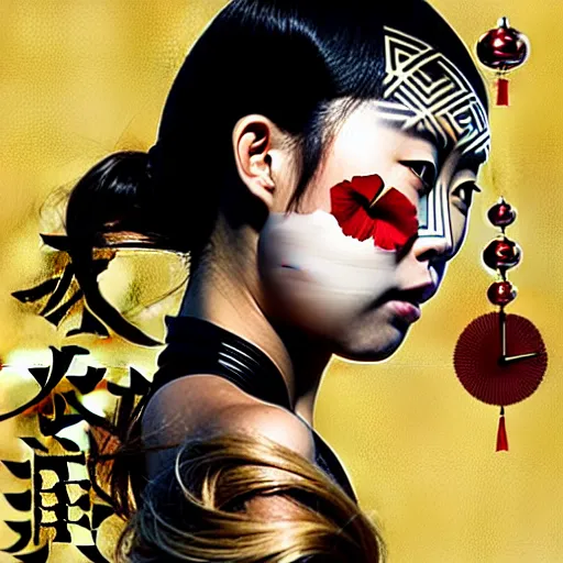 Image similar to portrait and side profile of a chinese woman :: side profile :: in ocean :: clockwork details :: gold :: blood and horror :: by vikings and Sandra Chevrier