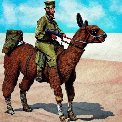 Prompt: A soldier riding on a lama at the beach, digital art, propaganda poster