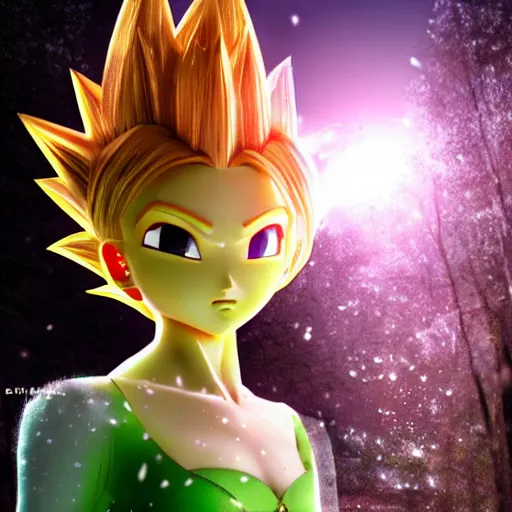 Prompt: portrait focus of Super Saiyan beautiful 3D anime gir!! frozen ice !! dark forest background, snowing, bokeh, inspired by Masami Kurumada, digital painting, high contrast, unreal engine render, volumetric lighting, high détail