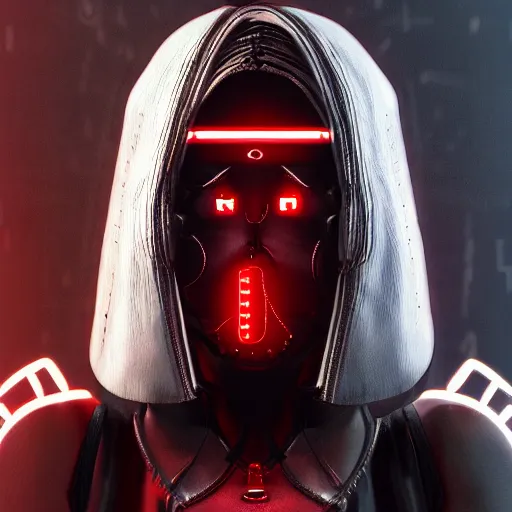 Image similar to realistic digital artwork of cyberpunk female wearing thick leather and steel collar, 4K, red highlights, symetrical,