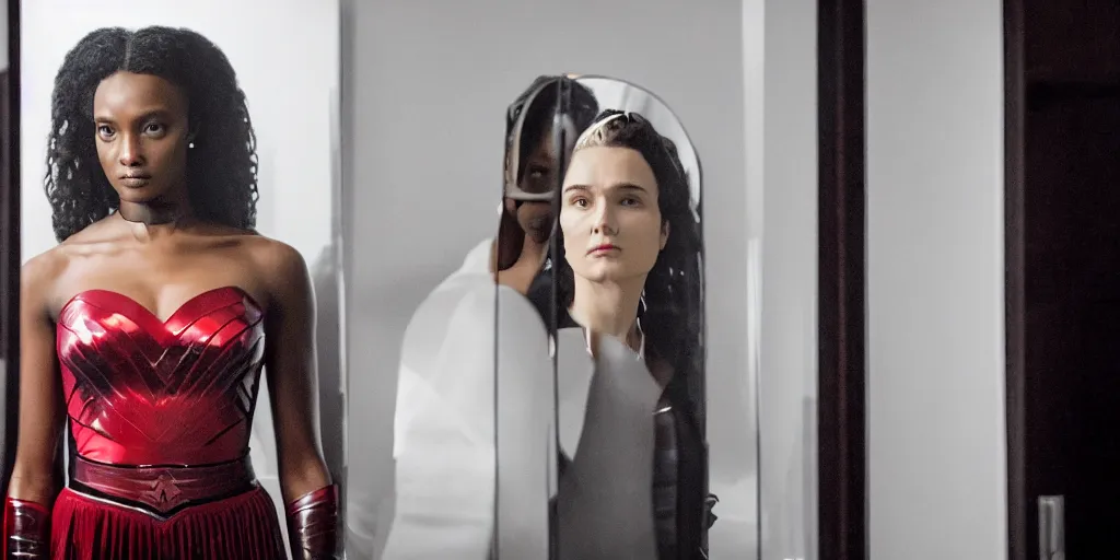 Image similar to ultra wide angle photo of jodie turner - smith dressed in a white blouse and black dress pants as diana prince looking at herself in a bathroom mirror and seeing her reflection as wonder woman