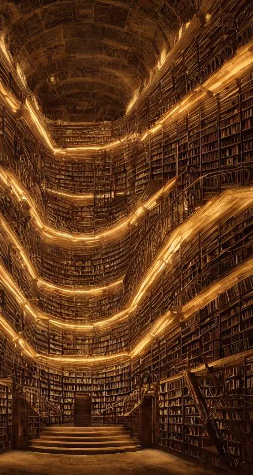 Prompt: ancient libraries containing the knowledge of all time, books, shelves, intricate design, spiraling, steps, ladders, dark knowledge, wisdom, secrets, ambient lighting, moody environment, feeling of mystery, realistic, 8 k render, unreal engine 5 render