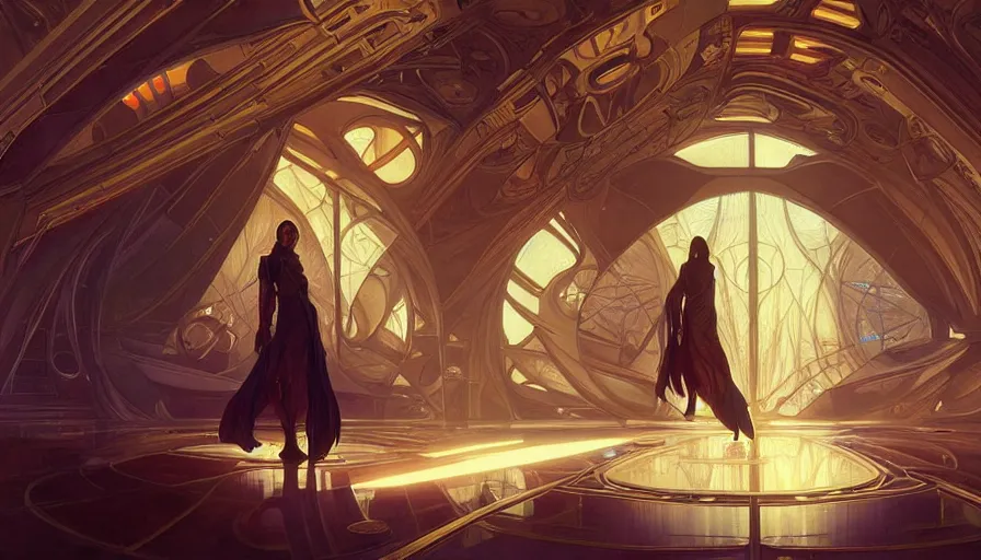 Prompt: a religious scifi room with a floating platform in the center, symmetrical shot, center framing, elegant, cinematic shot, intricate digital painting artstation concept art smooth sharp focus illustration, art by artgerm and greg rutkowski and alphonse mucha