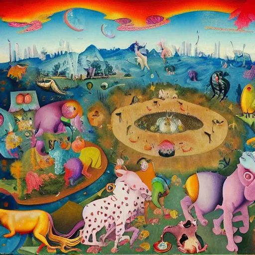 Image similar to a masterpiece collaborative painting by bosch and lisa frank