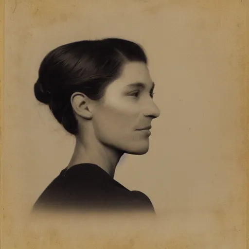 Prompt: computer art of a woman's face in profile. She has high cheekbones, a strong jawline, and her hair is pulled back away from her face. She stares out at the viewer with a slight smile, her eyes half-lidded and her lips parted. There is a sense of calm and serenity about her. Sabattier effect, tintype by Emek Golan, by Virginia Frances Sterrett lifelike