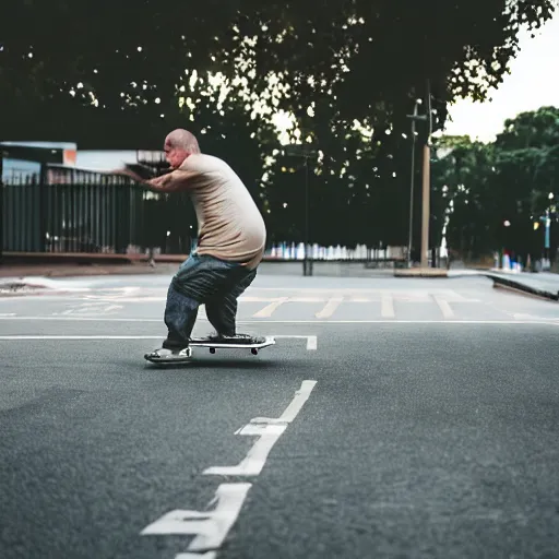 Image similar to obese man falling off of a skateboard, hyper realistic, sony 5 0 mm lens