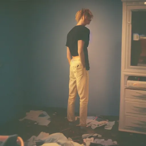 Image similar to kodak portra 4 0 0 photograph of a skinny blonde guy standing in cluttered 9 0 s bedroom, back view, moody lighting, telephoto, 9 0 s vibe, blurry background, vaporwave colors, faded!,