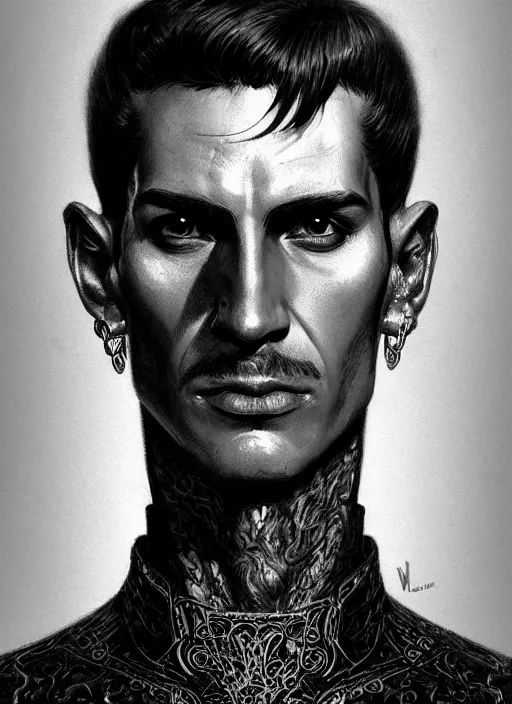 Prompt: portrait of a man with a roman nose and a confident expression, 1 9 6 0 s, black clothes, punk, funk, intricate, elegant, highly detailed, digital painting, artstation, concept art, smooth, sharp focus, illustration, art by wlop, mars ravelo and greg rutkowski