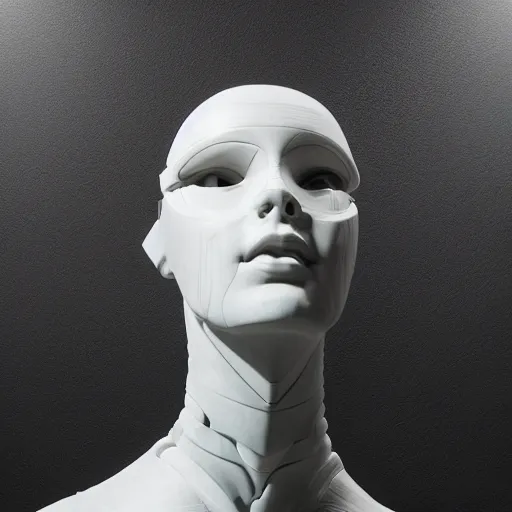 Image similar to a head and shoulders portrait of a female cyborg in her 20s, sculpture made of marble and aluminum, studio photography, cyberpunk lighting