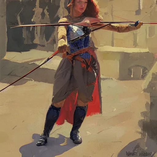 Prompt: portrait of woman wearing medieval clothing aiming a bow and arrow, detailed by greg manchess, craig mullins, bernie fuchs, walter everett