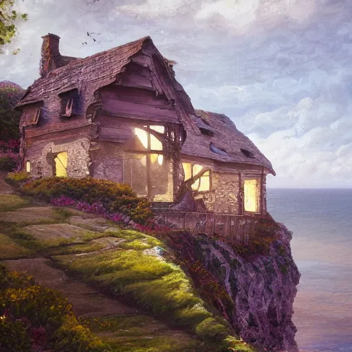 Prompt: aesthetic iridescent crumbling cottage on a cliff by the sea, oil on canvas, artstation, soft render