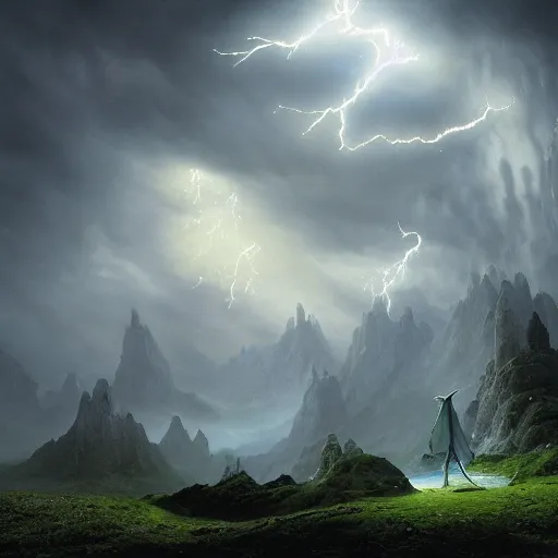 Image similar to a beautiful detailed realistic matte painting of a magical wizard looking towards a serene landscape with an eerie dark magic lightning portal to another dimension, by john howe and alexander skold and andreas rocha. vray, raytracing, detailed lighting, volumetric lighting, cinematic lighting, very wide shot, f 8