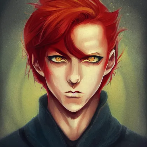 Image similar to headshot portrait of male anime character extremely sharp jaws slit yellow eyes medium red hair inspired by tom hiddleston by anato finnstark, tom bagshaw, brom