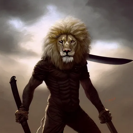 Image similar to commission of a male anthropomorphic albino lion holding a sword,digital art,art by greg rutkowski,trevor henderson,ross tran,photorealistic,hyperdetailes,highly realistic,natural lighting,deviantart,artstation,dramatic,cinematic,4k,western comic style,the sky is red,sharp lineart,hard shadows