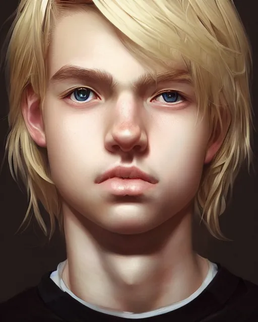 Image similar to portrait of 1 5 - year - old boy with blonde hair, round - face, with long toothed, hyper realistic face, beautiful eyes, character art, art by artgerm lau and wlop and and ilya kuvshinov and john singer sargent, hyperdetailed, symmetrical, cryengine, trending on artstation, digital art