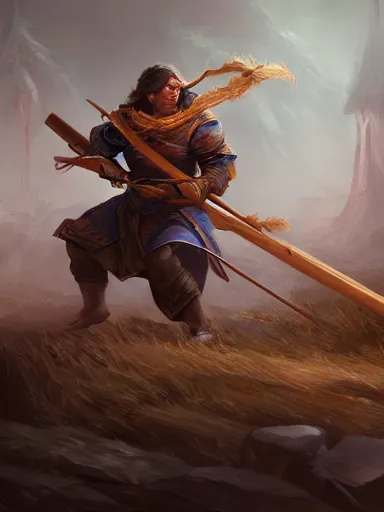 Image similar to a young man, wielding a thick wooden quarterstaff in a defensive fight instance. cornered by enemies. intricate, elegant, highly detailed, digital painting, artstation, concept art, sharp focus, illustration, by justin gerard and artgerm, 8 k