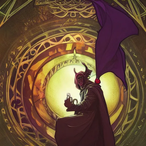 Image similar to a warlock is casting a magic spell, with magic orb floating in his hand , dynamic pose, natural lighting, medium level shot, Mucha style , Grim fantasy, illustration ,concept art,
