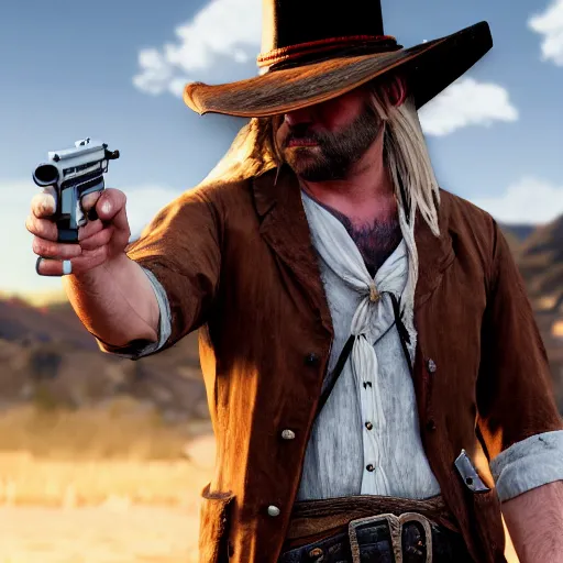 Image similar to a portrait of long!! white!! haired!! angry!! man!! as a red dead redemption 2 character shot from red dead redemption 2, ray tracing x, wet reflections, unreal engine 5, intricate details, fantasy, hyper realism, humongous view, smooth, cinematic