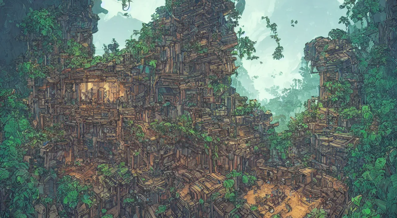 Image similar to open door wood wall fortress greeble block amazon jungle on portal unknow world ambiant fornite that looks like it is from borderlands and by feng zhu and loish and laurie greasley, victo ngai, andreas rocha, john harris