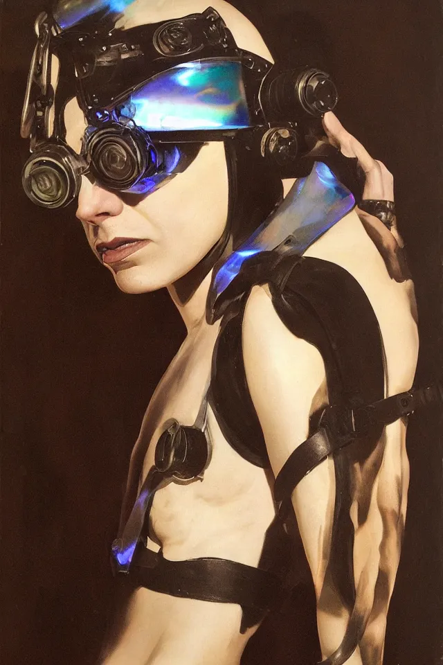 Prompt: androgynous person, shaman tunic made of latex, radio goggles, techwear, iridiscent light, high key, cinematic lighting at night, neon, phil hale, boris vallejo, syd mead