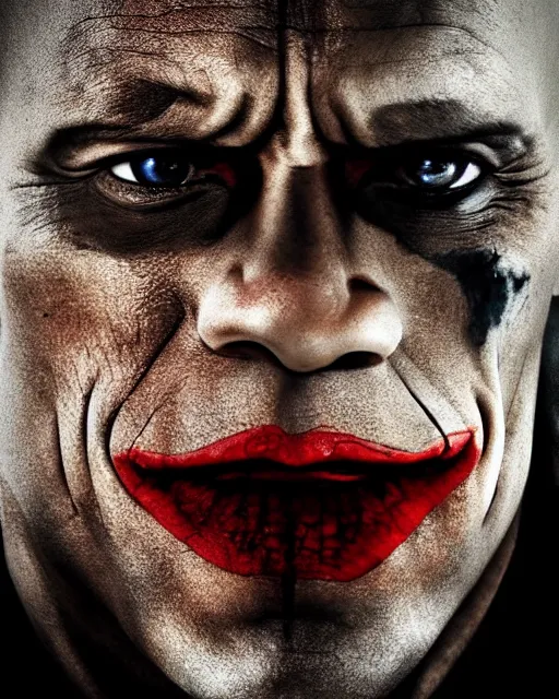 Image similar to Film still close-up shot of Dwayne The Rock Johnson as The Joker from the movie The Dark Knight. Photographic, photography