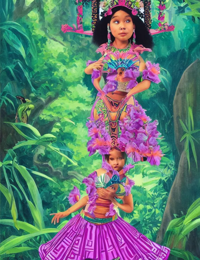 Prompt: plump aztec scifi princess of the orchid rainforest, wearing a lovely dress. this oil painting by the beloved children's book author has an interesting color scheme and impeccable lighting.