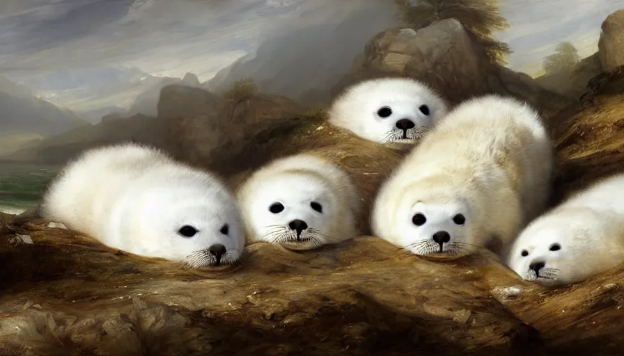 Image similar to highly detailed painting of cute furry white baby seals on an out of control cad by william turner, by greg rutkowski, by william constable, thick brush strokes and visible paint layers, 4 k resolution