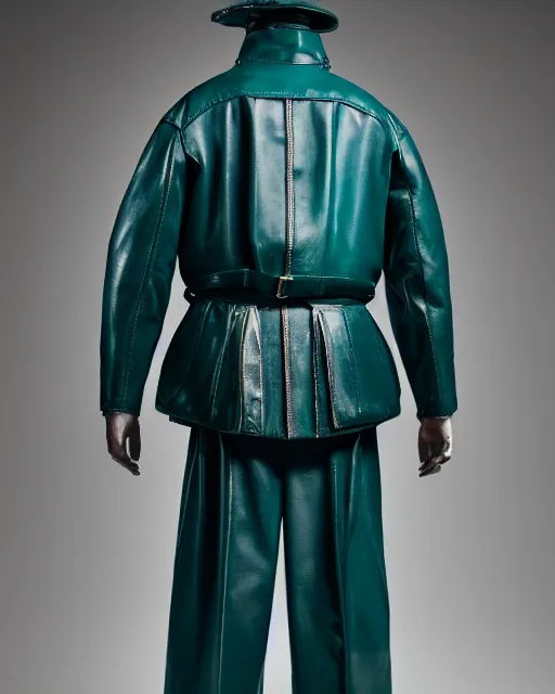 Prompt: an award - winning editorial photo of a teal extremely baggy but cropped ancient medieval designer menswear leather dutch police jacket with an oversized large collar and baggy bootcut trousers designed by alexander mcqueen, 4 k, studio lighting, wide angle lens