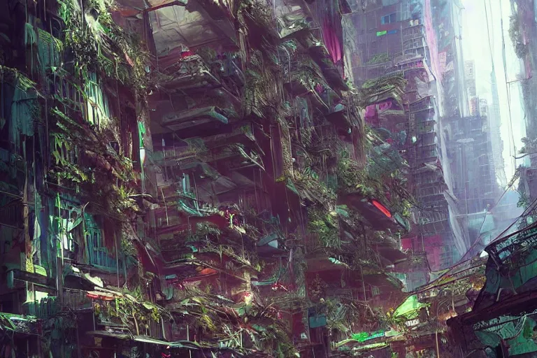 Image similar to a cyberpunk city in ruins, jungle plants overgrowing the streets and buildings, cats!! run through the ruins, drinking from pools of water and climbing on old fallen signs, by artgerm and amano and rutkowski and kincaid, trending on artstation