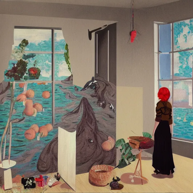 Image similar to female emo art student in her apartment, painting of flood waters inside an artist's feminine bedroom, a river flooding indoors, pomegranates, pigs, ikebana, water, octopus, river, rapids, waterfall, black swans, canoe, berries, acrylic on canvas, surrealist, by magritte and monet