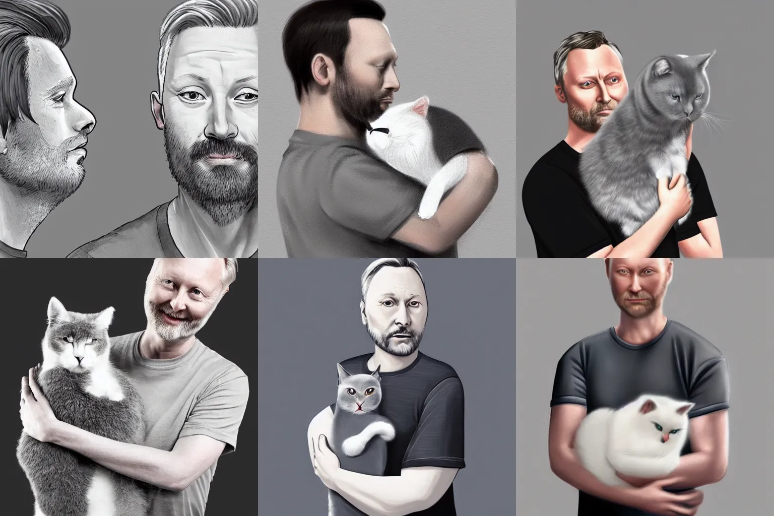 Prompt: a handsome white man with dark grey hair that looks exactly like limmy and lars mikkelsen wearing a grey tshirt cradling a white fluffy cat in his arms, beside a desktop pc in a dark grey room with house plants, digital painting, artstation