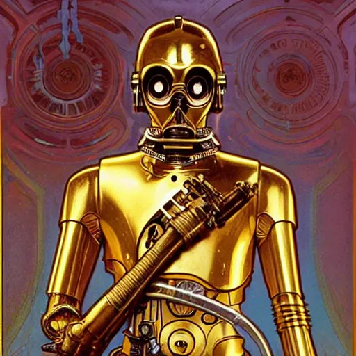 Image similar to c 3 po smoking crack cocaine by mcfarlane, alphonse mucha, artgerm and greg rutkowski and magali villeneuve. realistic.