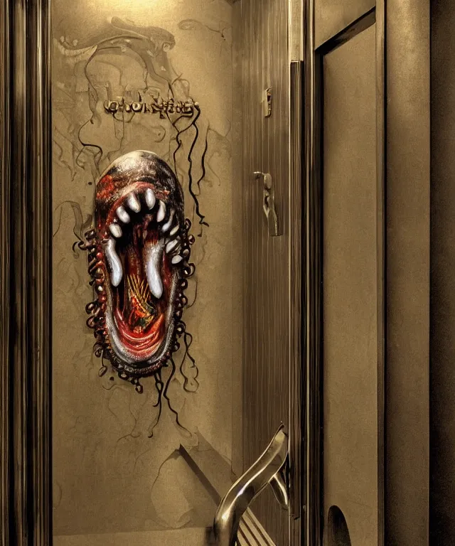 Image similar to horrifying full color photorealistic image an old hotel elevator lobby, elevator doors look like a mouth, with a tentacle - shaped tongue, licking out, dark, atmospheric, brooding, smooth, finely detailed, cinematic, epic, in the style of lee gibbons