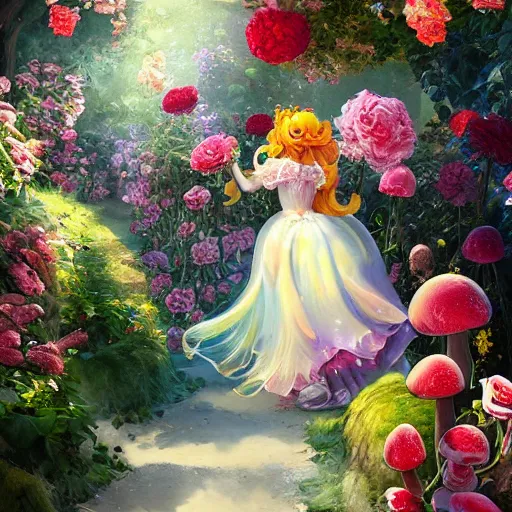 Prompt: portrait of princess peach, running through a hedge garden of exotic flowers in the Mushroom Kingdom, giant mushrooms, and roses, from behind, streets, birds in the sky, sunlight and rays of light shining through trees, beautiful, solarpunk!!!, highly detailed, digital painting by Michael Garmash and Peter Mohrbacher